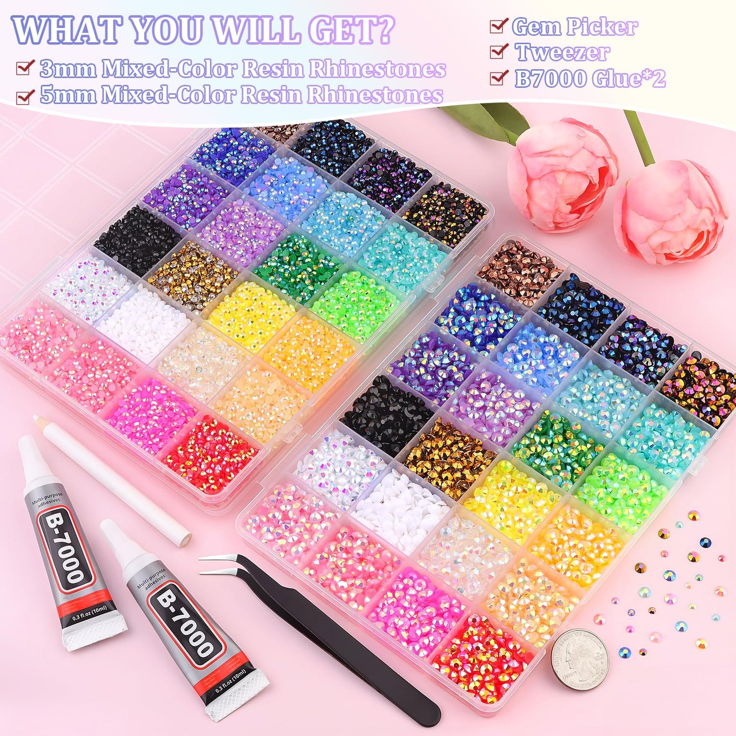 2 Boxes Jelly Rhinestones for Bedazzling, 30600Pcs 3mm & 5mm Multicolor Flatback Resin Gems for Crafting, Bedazzler Kit with 2Pcs 10ml B7000 Jewelry Glue for DIY Crafts Book Fabric Decor Nail Art-Velvo Beauty