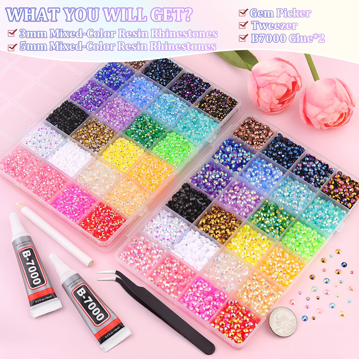 2 Boxes Jelly Rhinestones for Bedazzling, 30600Pcs 3mm & 5mm Multicolor Flatback Resin Gems for Crafting, Bedazzler Kit with 2Pcs 10ml B7000 Jewelry Glue for DIY Crafts Book Fabric Decor Nail Art-Velvo Beauty