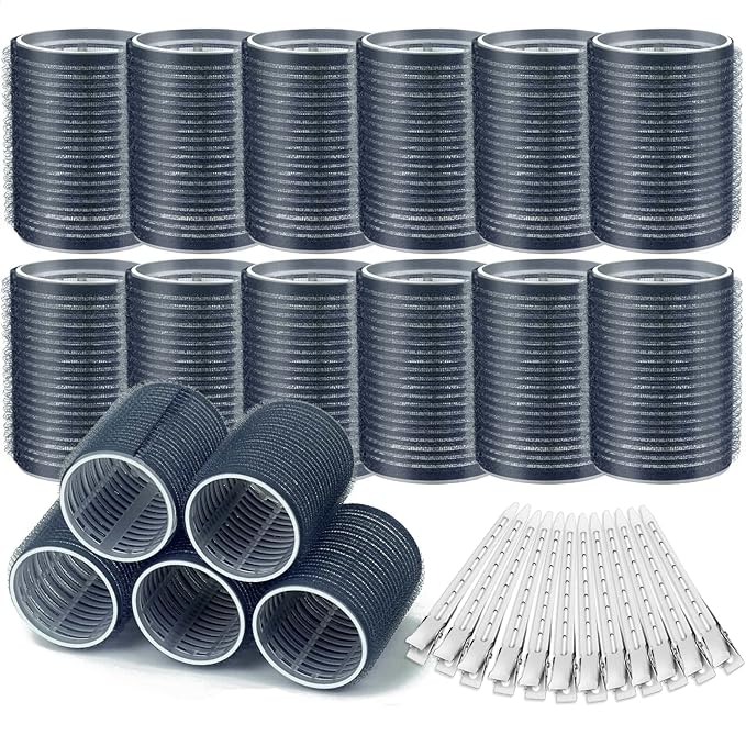 Acejoz Hair Rollers, 12Pcs Large Self Grip Hair Rollers with 12Pcs Stainless Steel Duckbill Clips, for Long Medium Thick Hair Volume (Navy Blue)-Velvo Beauty