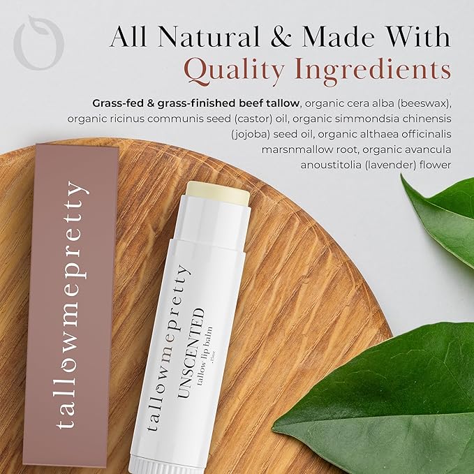 Unscented Lip Balm, Ultra-Soothing, Deeply Hydrating Tallow Lip Balm with Grass Fed Beef Tallow, Beeswax, Jojoba Oil & More, Non Toxic Lip Care, Made in the USA, 0.15 Oz.-Velvo Beauty