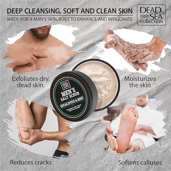 Salt Body Scrub Eucalyptus & Mint For Men– Moisturizes, Exfoliates & Nourishes Skin – Cleanses & Detoxifies with Dead Sea Minerals – Dead Sea Collection - 23.28 OZ-Velvo Beauty