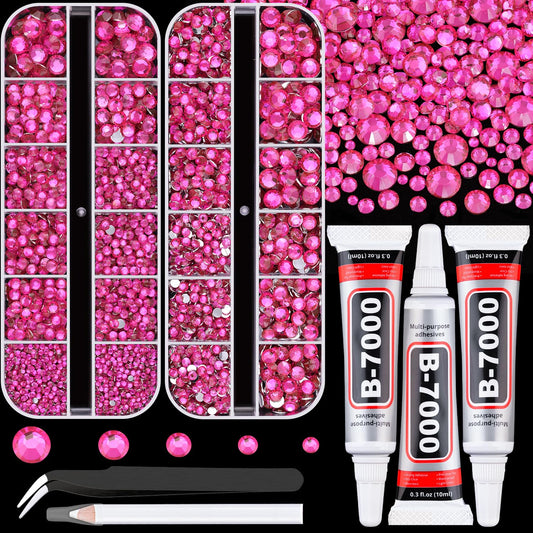 Resin Rhinestones for Crafting with B7000 Jewelry Glue, 2 Boxes Hot Pink Flatback Crystals with 3Pcs 10ml Glue for Bedazzling Crafts DIY Nail Art Makeup，Non Hotfix Gems for Clothing Shoes-Velvo Beauty