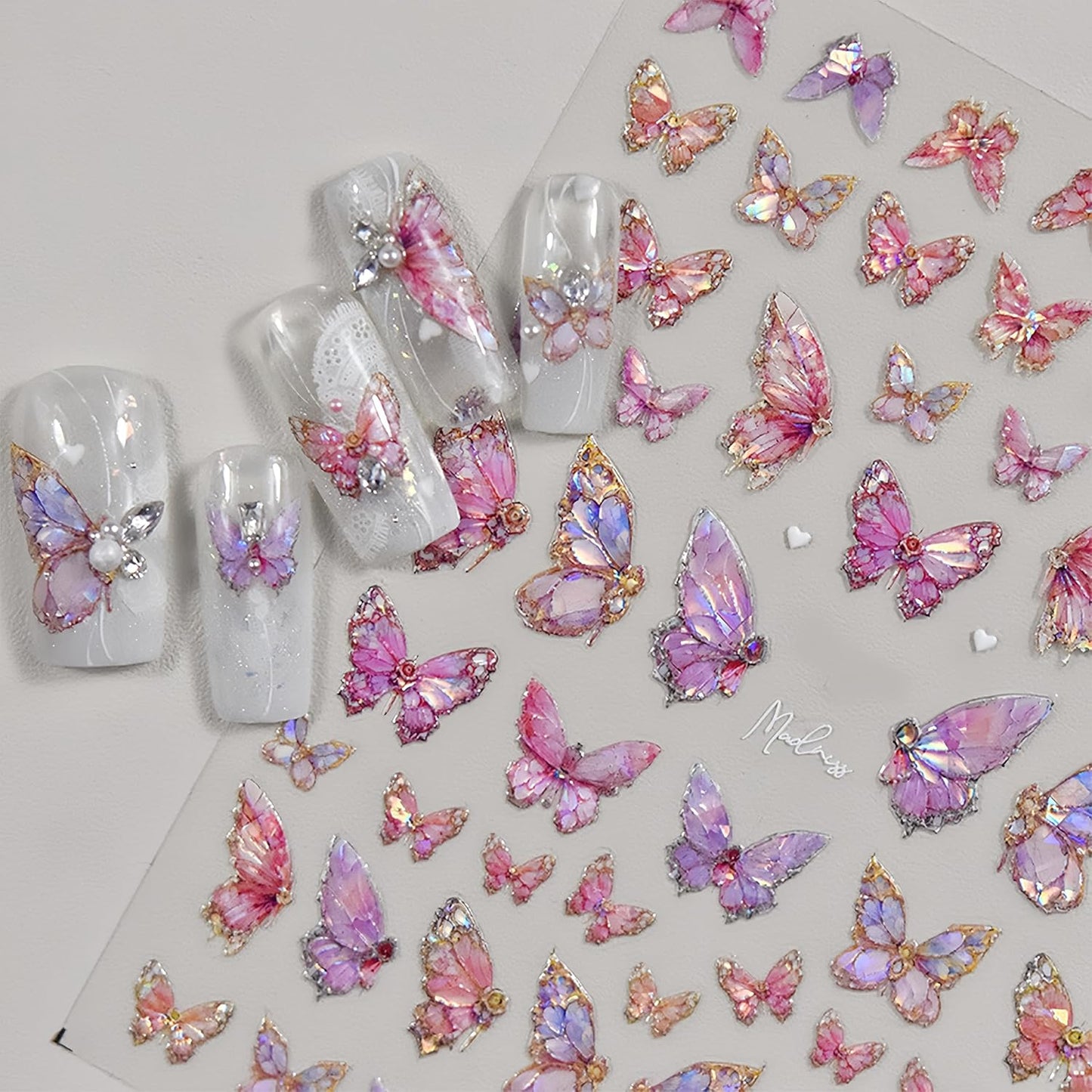2 Sheets Butterfly Nail Art Stickers 5D Embossed Self-Adhesive Pink Aurora Sparkling Butterfly Nail Decals Designs for Women Girls DIY Nail Decoration-Velvo Beauty