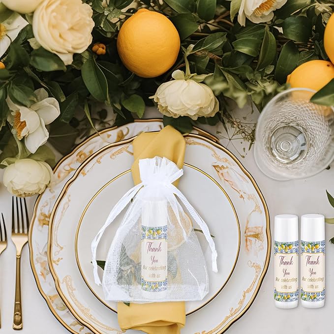 Demissle 50 Pcs Baby Shower Lip Balm Gift Set with 100 Pcs Organza Bags Baby Shower Party Favor for Guest Thank You Tag Rope Baby Shower Party Decoration Gender Reveal Souvenirs (Lemon)-Velvo Beauty