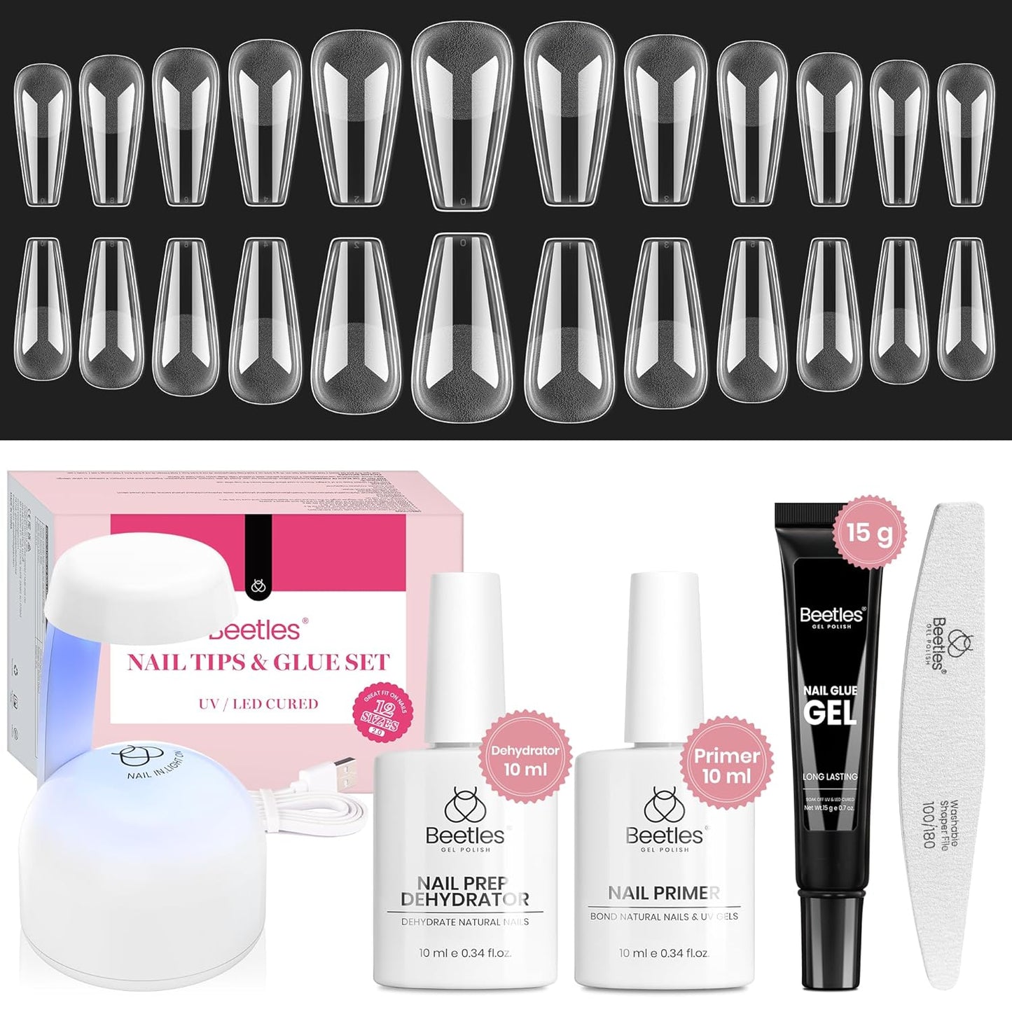 Beetles Gel Nail Kit Medium Coffin with Nail Dehydrator and Primer, 576Pcs Half Matte Etch-X Gel Nail Tips Solid Nail Glue Mini Nail Lamp Acrylic Nail Tips Easy DIY Nail Extension Set Gift for Women-Velvo Beauty