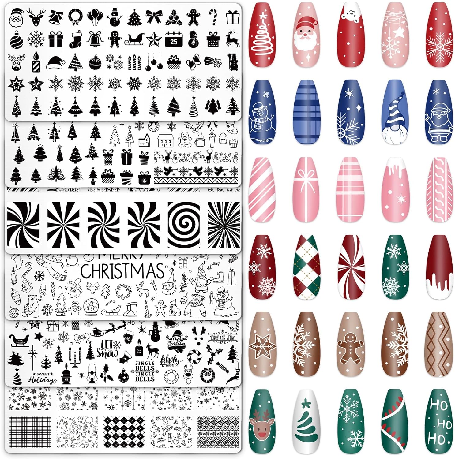 Whaline 6Pcs Christmas Nail Plates Stamping Set Xmas Tree Snowflake Snowman Stamp Templates Nail Art Plates for Winter DIY Print Manicure Salon Design Gift-Velvo Beauty
