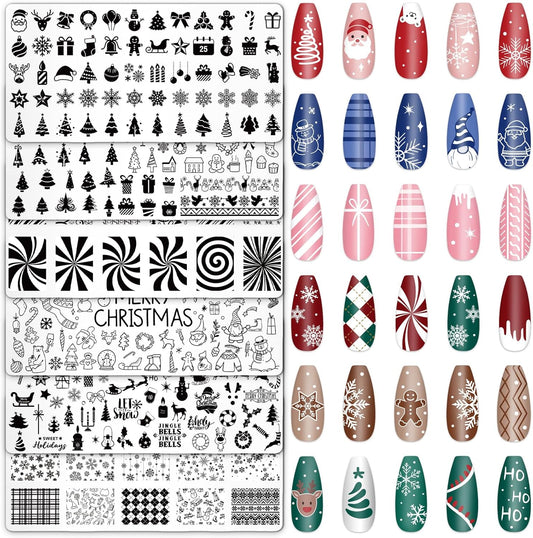Whaline 6Pcs Christmas Nail Plates Stamping Set Xmas Tree Snowflake Snowman Stamp Templates Nail Art Plates for Winter DIY Print Manicure Salon Design Gift-Velvo Beauty