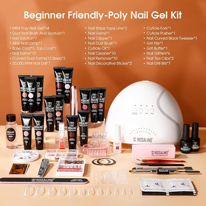 Poly Nail Gel Starter Kit -14 Colors + 75 Nail Art Accessories Kit,ROSALIND Clear Pink Nude Glitter Poly Nail Gel with Big UV Light 48W and Electric Nail Drill Starter Kit-Velvo Beauty