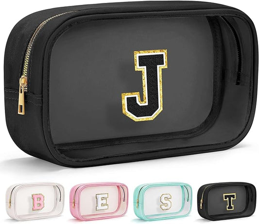 YOOLIFE Initial Travel Essentials Makeup Bag, Skin Care Clear Toiletry Bag Pouch Cosmetic Bag Case Large Makeup Bag Personalized Birthday Gifts for Women Birthday Gifts for Her Wife Black J-Velvo Beauty