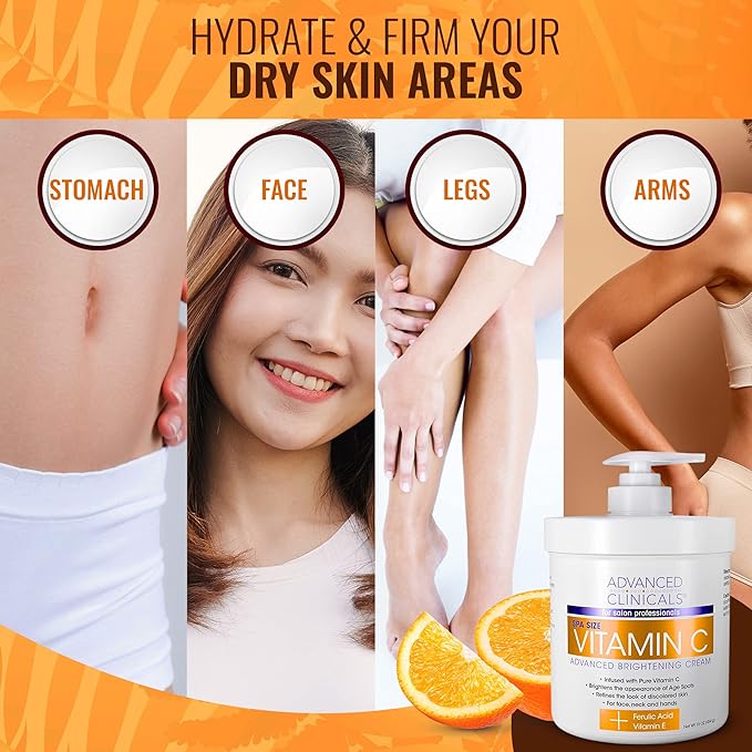 Advanced Clinicals Vitamin C Cream Face & Body Lotion Moisturizer | Anti Aging Skin Care Firming & Brightening Cream For Body, Face, Uneven Skin Tone, Wrinkles, & Sun Damaged Dry Skin, 16 Oz-Velvo Beauty