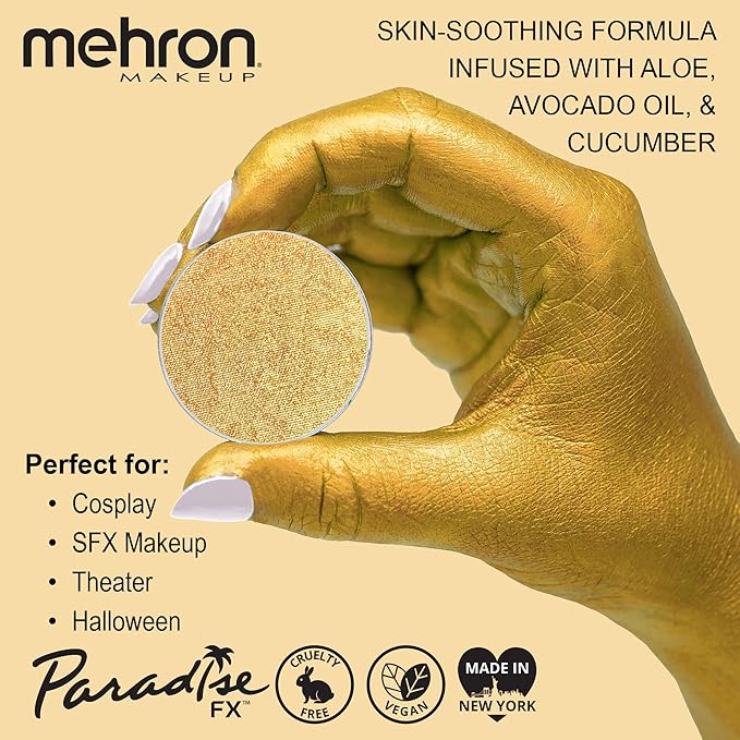 Mehron Makeup Paradise Makeup AQ Refill Size | Stage & Screen, Face & Body Painting, Beauty, Cosplay, Halloween | Water Activated Face Paint, Body Paint, Cosplay Makeup .25 oz (7 ml) (Metallic Gold)-Velvo Beauty