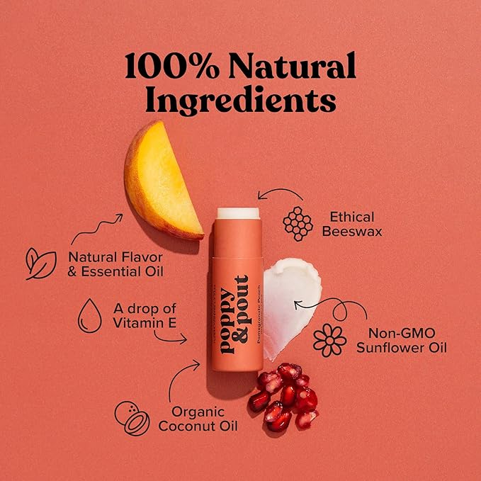 Poppy & Pout Pomegranate Peach Jumbo Lip Balm | All Natural Lip Balms & Moisturizers | Hydrates with Beeswax, Vitamin E, Organic Coconut Oil | Cruelty-Free | Lip Balm in Recyclable Cardboard Tube-Velvo Beauty