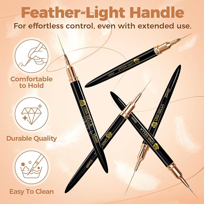 UNA GELLA Metallic Nail Art Brushes, Liner Pens Set 5Pcs Black Color For Nail Art Gel Polish - Thin Detail Nail Art Design Painting Brush Set For Nails Gel Fine Drawing Nail Tools Sizes 7/9/11/15/25mm-Velvo Beauty