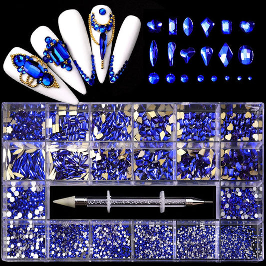 Nail Rhinestones Kit, Nail Art Decorations Flat AB Rhinestones Kit DIY Crafts Gemstones for Nail, Shoes, Clothes, Jewels (600 Blue Diamonds + 2500 Flat Rhinestone)-Velvo Beauty