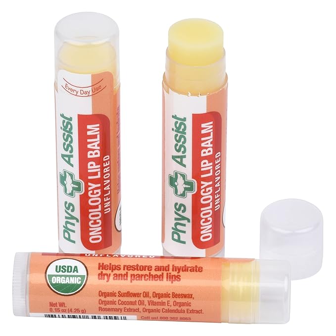PhysAssist Oncology Lip Balm USDA Organic Unflavored Moisturize, Hydrate & Protect Dry parched lips during Chemo or Radio USDA Organic. 3 Pack-Velvo Beauty