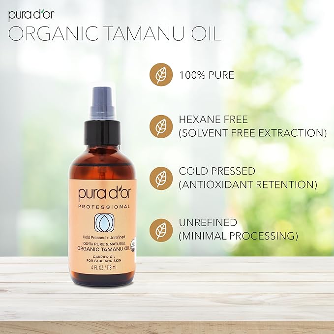 PURA D'OR 4 Oz Organic Tamanu Oil - USDA Certified 100% Pure & Natural Cold Pressed Carrier Oil, Premium Grade Moisturizer For Skin & Hair - Men & Women-Velvo Beauty