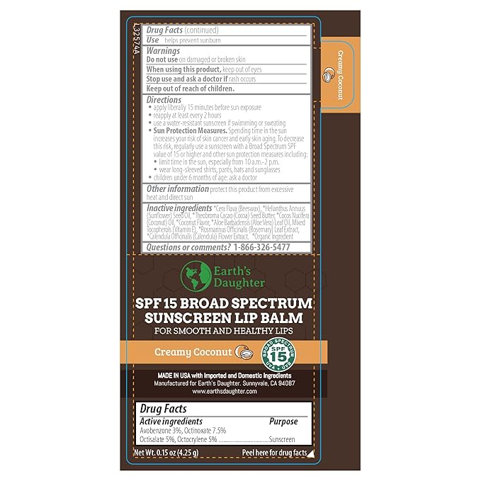 SPF Lip Balm 4-Pack by Earth's Daughter - Lip Sunscreen, SPF 15, Organic Ingredients, Coconut Flavor, Beeswax, Coconut Oil, Vitamin E - Hypoallergenic, Paraben Free, Gluten Free, New-Velvo Beauty