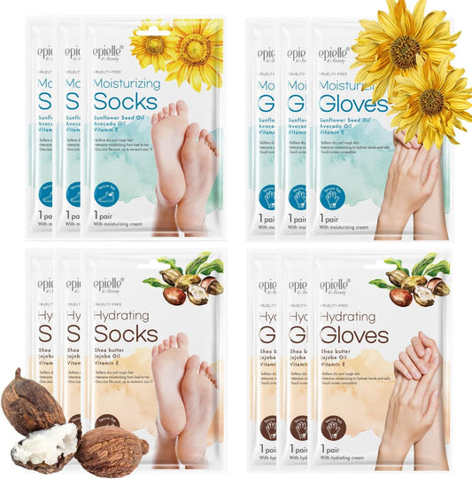 Epielle Hydrating & Moisturizing Hand & Foot Masks 12 Pairs, Relieve and Soften Dry Hands & Cracked Heels with Shea Butter & Sunflower Seed Oil, Korean Skin Care, Spa Set, Self Care Gifts for Women-Velvo Beauty