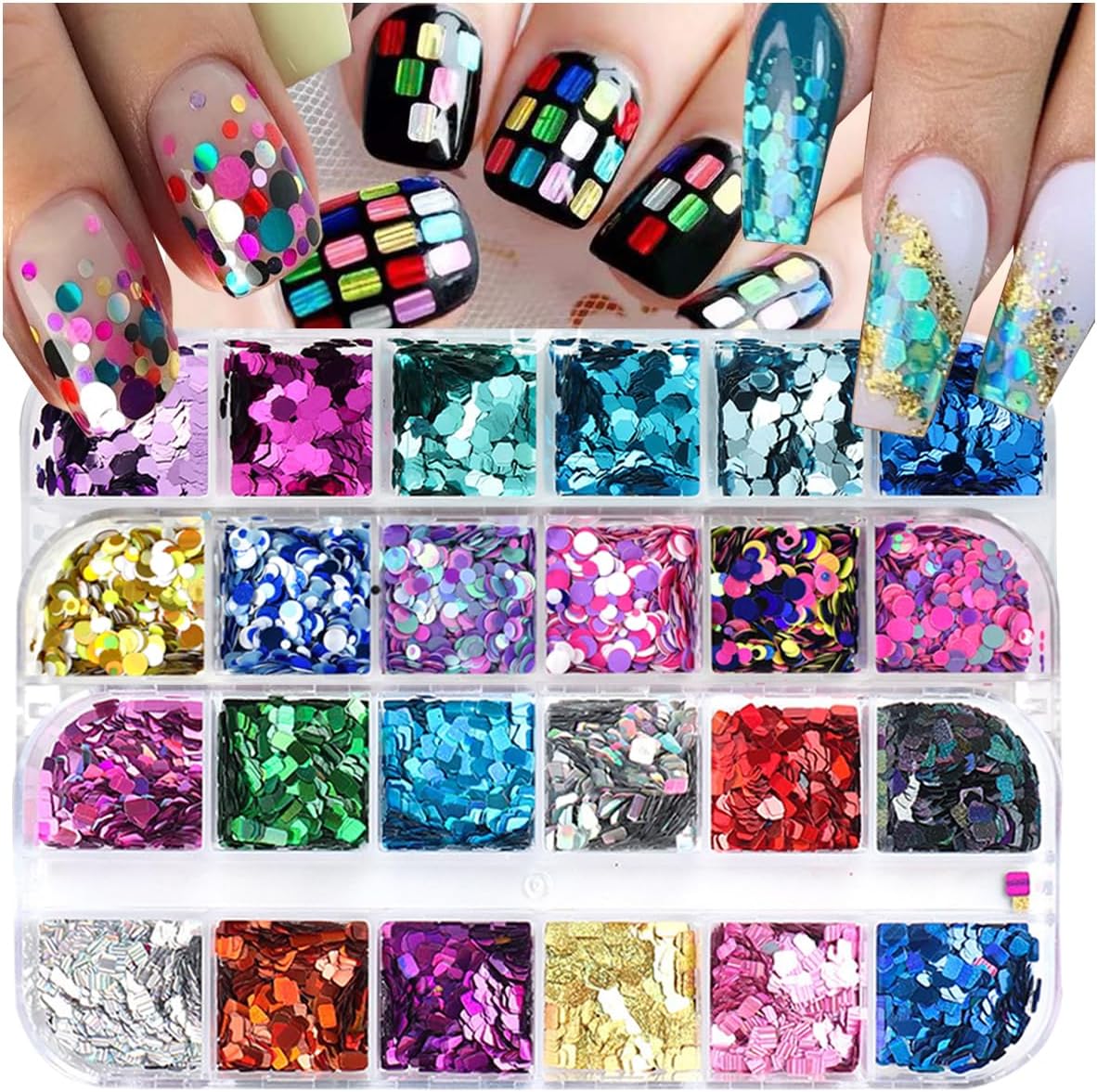 3 Boxes 36 Grids Holographic Nail Art Sequins Mermaid Hexagon Round Square Nail Glitter Decoration,DIY Chunky Holographic Supplies 3D Laser Flakes Sparkly Acrylic-Velvo Beauty