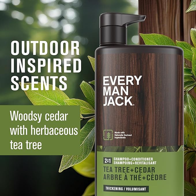 Every Man Jack 2-in-1 Tea Tree + Cedar Shampoo + Conditioner - Thicken, Cleanse, and Hydrate Hair with Coconut, Aloe, Tea Tree Oil - Naturally Derived and No Harmful Chemicals - 24oz -1 Bottle-Velvo Beauty