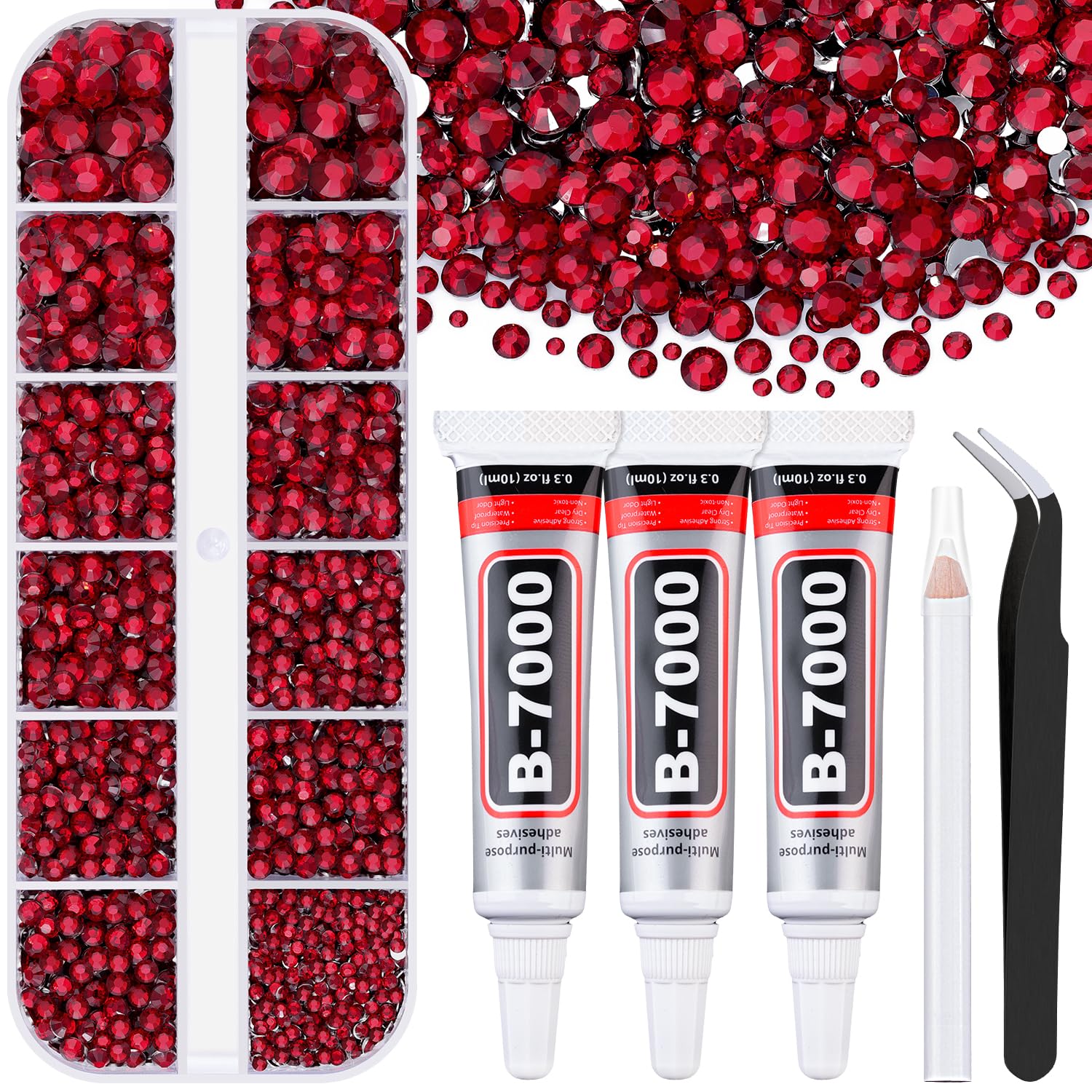 6000Pcs Resin Rhinestones for Bedazzling with 3Pcs B7000 Jewelry Glue, 1 Box Dark Red Flatback Rhinestones for Crafting Crafts DIY, Crystals Gems for Clothing Shoes Tumblers Nail Art Makeup-Velvo Beauty