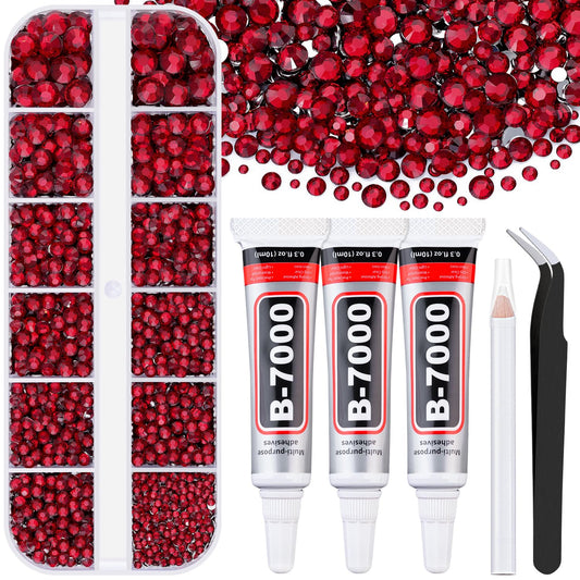 6000Pcs Resin Rhinestones for Bedazzling with 3Pcs B7000 Jewelry Glue, 1 Box Dark Red Flatback Rhinestones for Crafting Crafts DIY, Crystals Gems for Clothing Shoes Tumblers Nail Art Makeup-Velvo Beauty