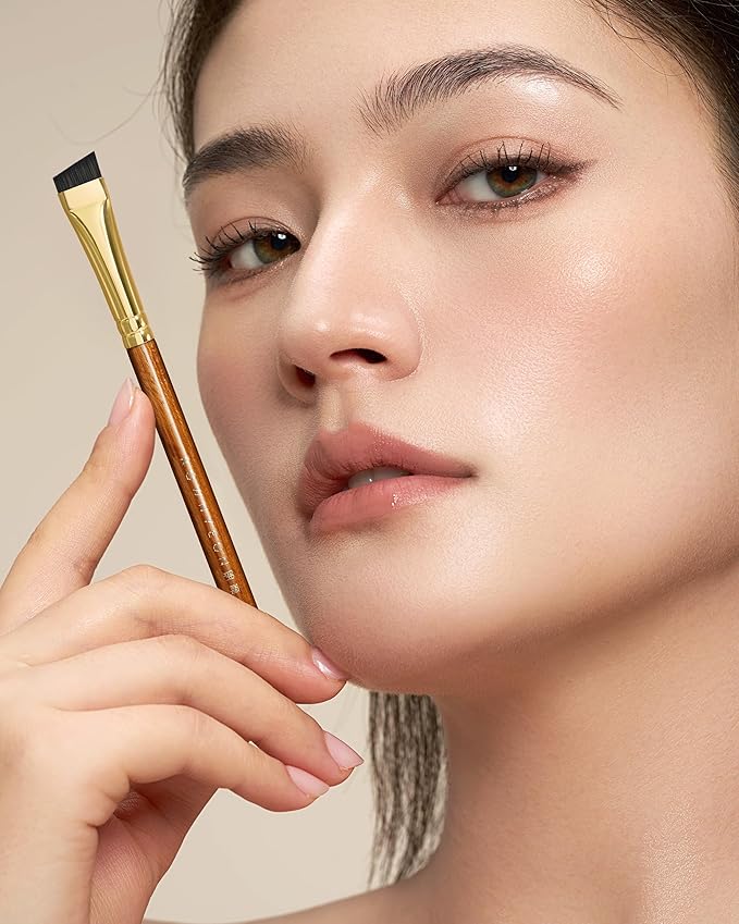 Desert Oak Series MicroBlade Angled Brow Brush - 11mm Ultra-Fine Nylon Bristles for 1mm Hair Strokes, Pomade/Gel/Powder Application, Bubinga & Brass (CM 190)-Velvo Beauty