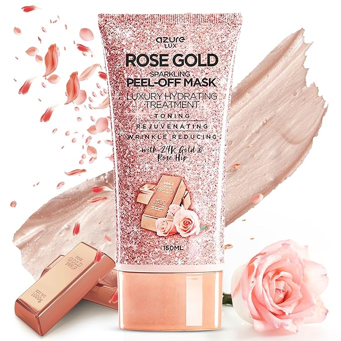 Azure Cosmetics Rose Gold Sparkling Peel-Off Face Mask – Luxury Hydrating & Firming Skincare with 24K Gold & Rose Hip Oil – Helps Reduce Fine Lines, Tone Skin & Improve Texture – 150 ml-Velvo Beauty