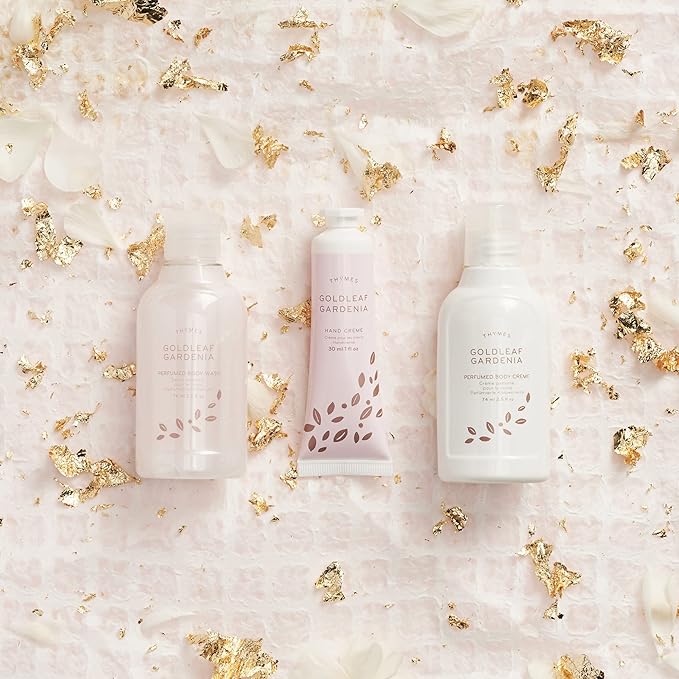 Thymes Perfumed Travel Set and Beauty Bag - Contains Body Wash, Body Lotion & Hand Cream - Goldleaf Gardenia-Velvo Beauty