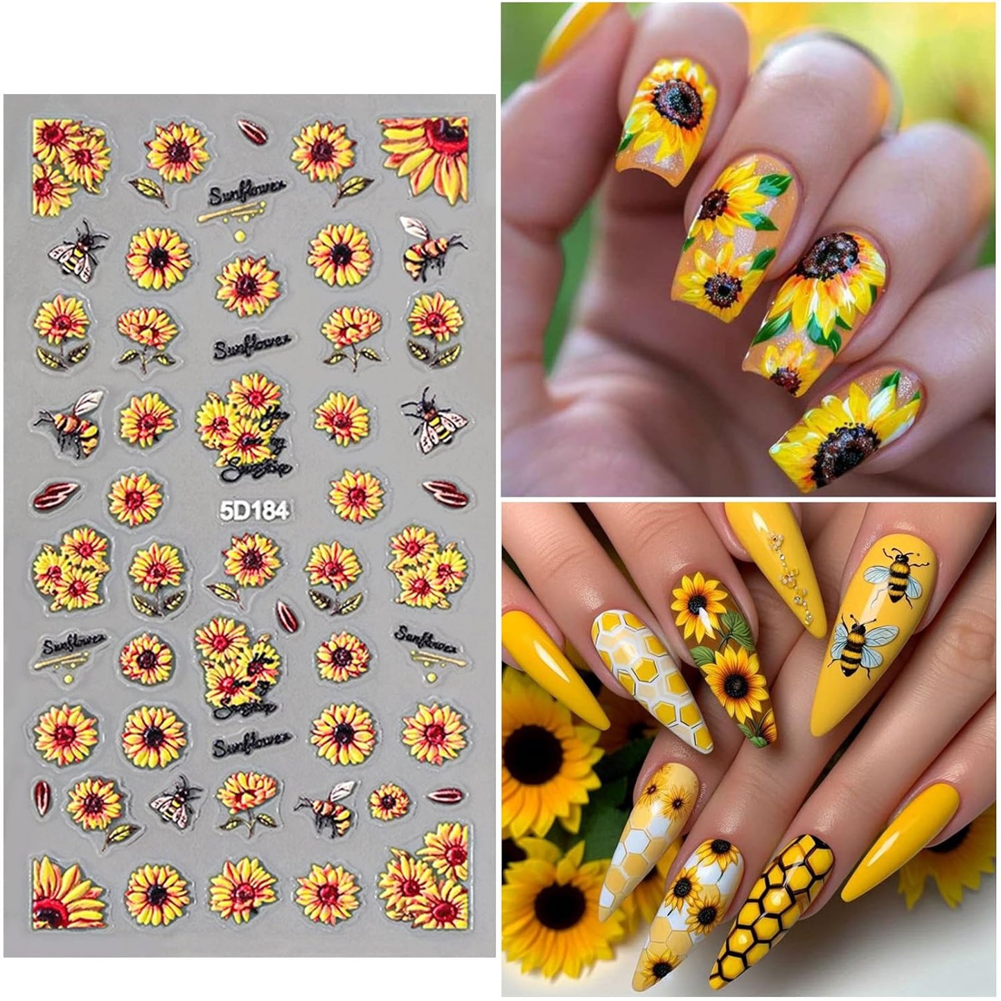 4 Sheets 5D Flower Nail Art Stickers Embossed Nail Decals Autumn Nails Art Design 3D Self-Adhesive Sunflowers Yellow Flower Nails Stickers for Women DIY Decoration-Velvo Beauty