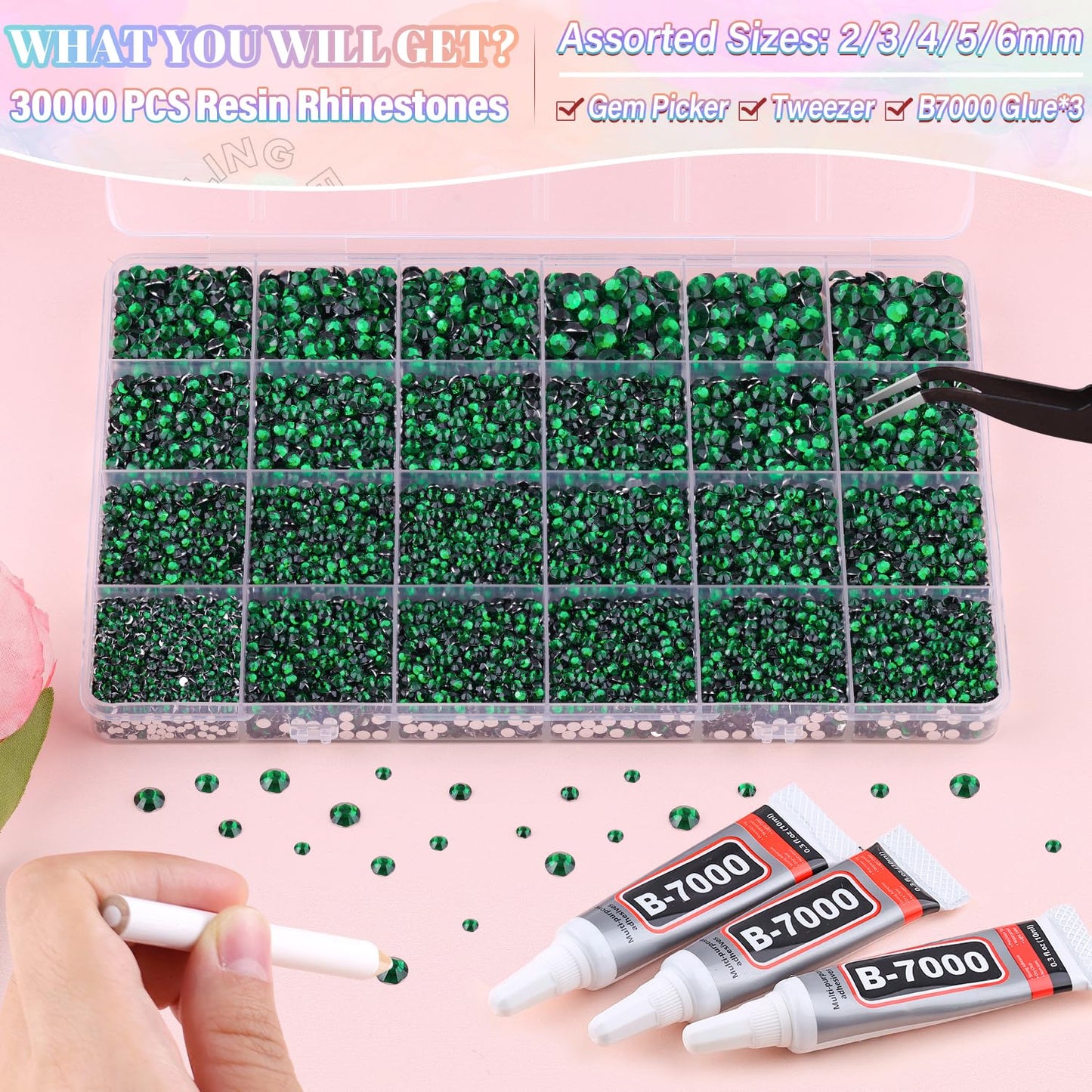 30000Pcs Resin Emerald Green Rhinestones for Bedazzling Crafting with b7000 Jewelry Glue, Bulk Flatback Gems Bedazzler Kit for Crafts Clothes Shoes Fabric Nail Diamond Art, Assorted Size 2/3/4/5/6mm-Velvo Beauty