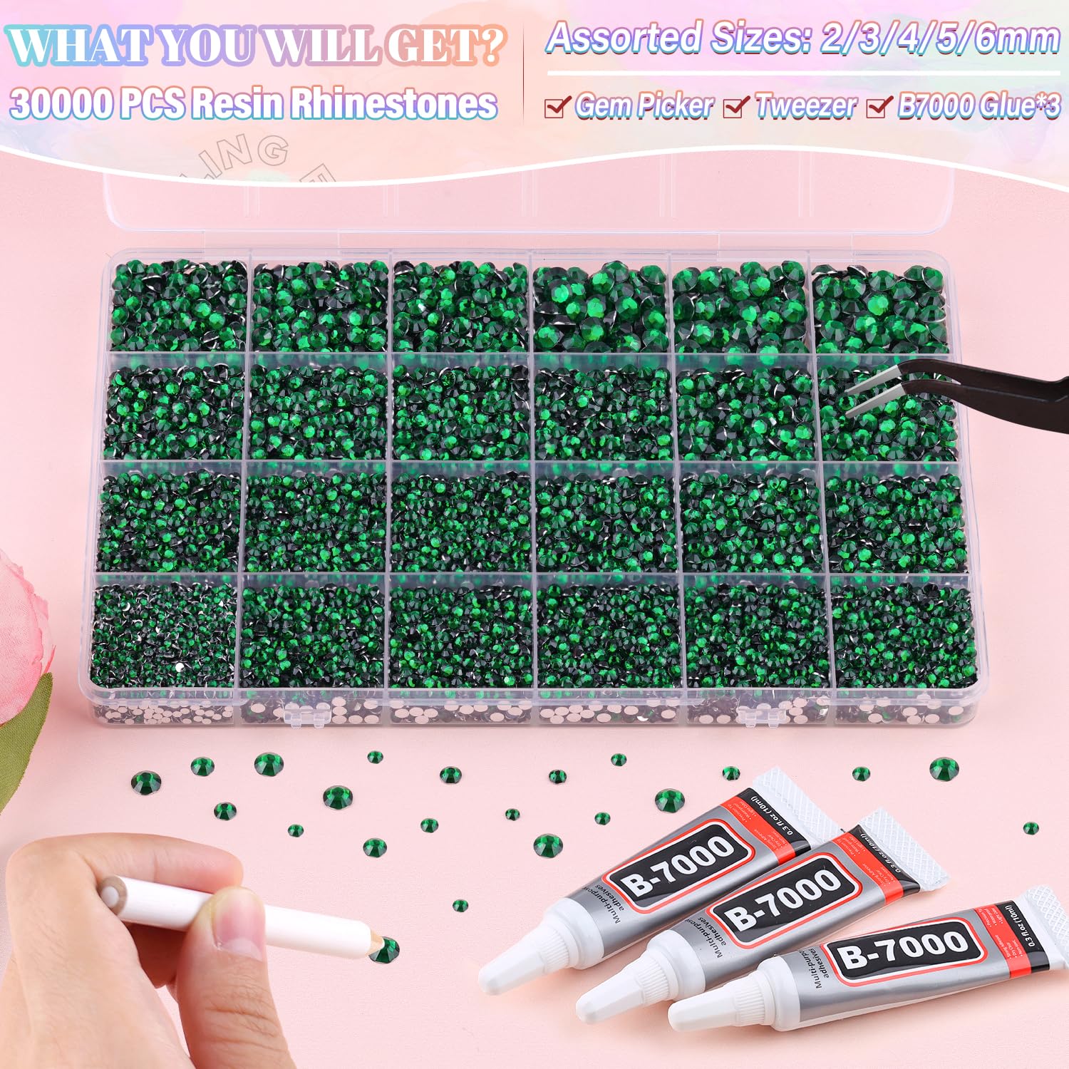 30000Pcs Resin Emerald Green Rhinestones for Bedazzling Crafting with b7000 Jewelry Glue, Bulk Flatback Gems Bedazzler Kit for Crafts Clothes Shoes Fabric Nail Diamond Art, Assorted Size 2/3/4/5/6mm-Velvo Beauty