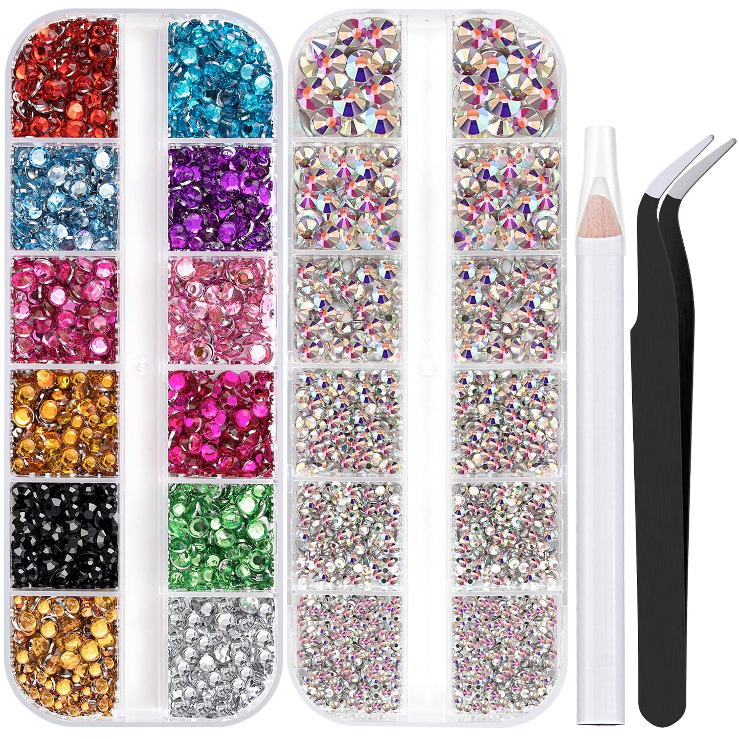 Two Packs of Flatback Rhinestones 4520 Pcs Colorful Nail Art Flatback Crystal Colorful+AB Rhinestone with Picker Pencil and Tweezer for Nail Art and Decoration-Velvo Beauty