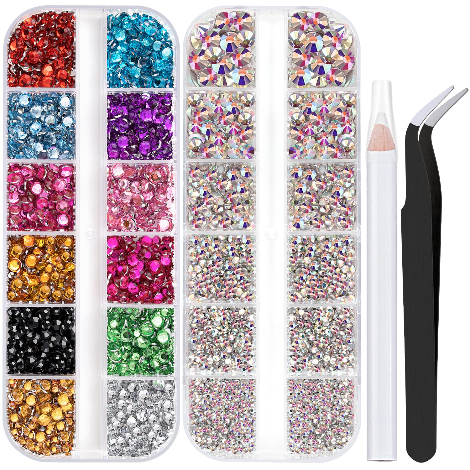 Two Packs of Flatback Rhinestones 4520 Pcs Colorful Nail Art Flatback Crystal Colorful+AB Rhinestone with Picker Pencil and Tweezer for Nail Art and Decoration-Velvo Beauty