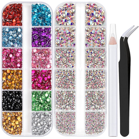 Two Packs of Flatback Rhinestones 4520 Pcs Colorful Nail Art Flatback Crystal Colorful+AB Rhinestone with Picker Pencil and Tweezer for Nail Art and Decoration-Velvo Beauty