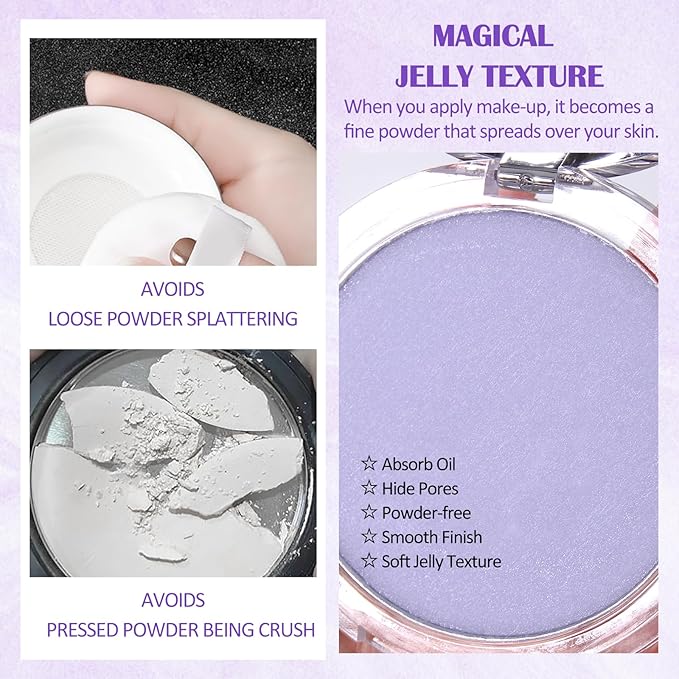 Oil Control Pressed Setting Powder, Lavender Matte Powder Soft Jelly Texture Powder-free Face Powder, Long-Lasting Waterproof Pressed Powder Makeup, Flawless Lightweight Face Cosmetics-Velvo Beauty