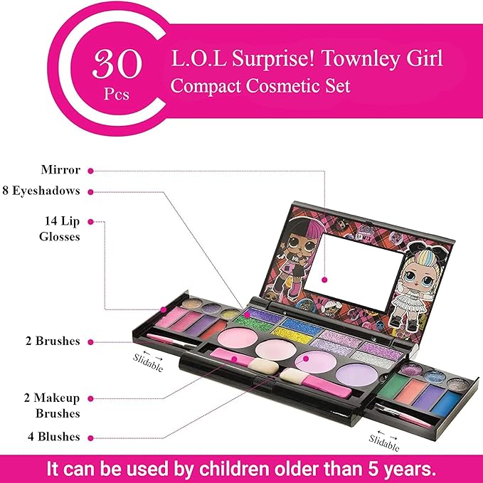 LOL Surprise Cosmetic Compact Set Includes Mirror, 14 Lip glosses, 8 Eye Shadow, 4 Blushes & 4 Brushes Safe & Non-Toxic Colorful Portable Foldable Makeup Beauty Kit for Girls, Townley Girl-Velvo Beauty