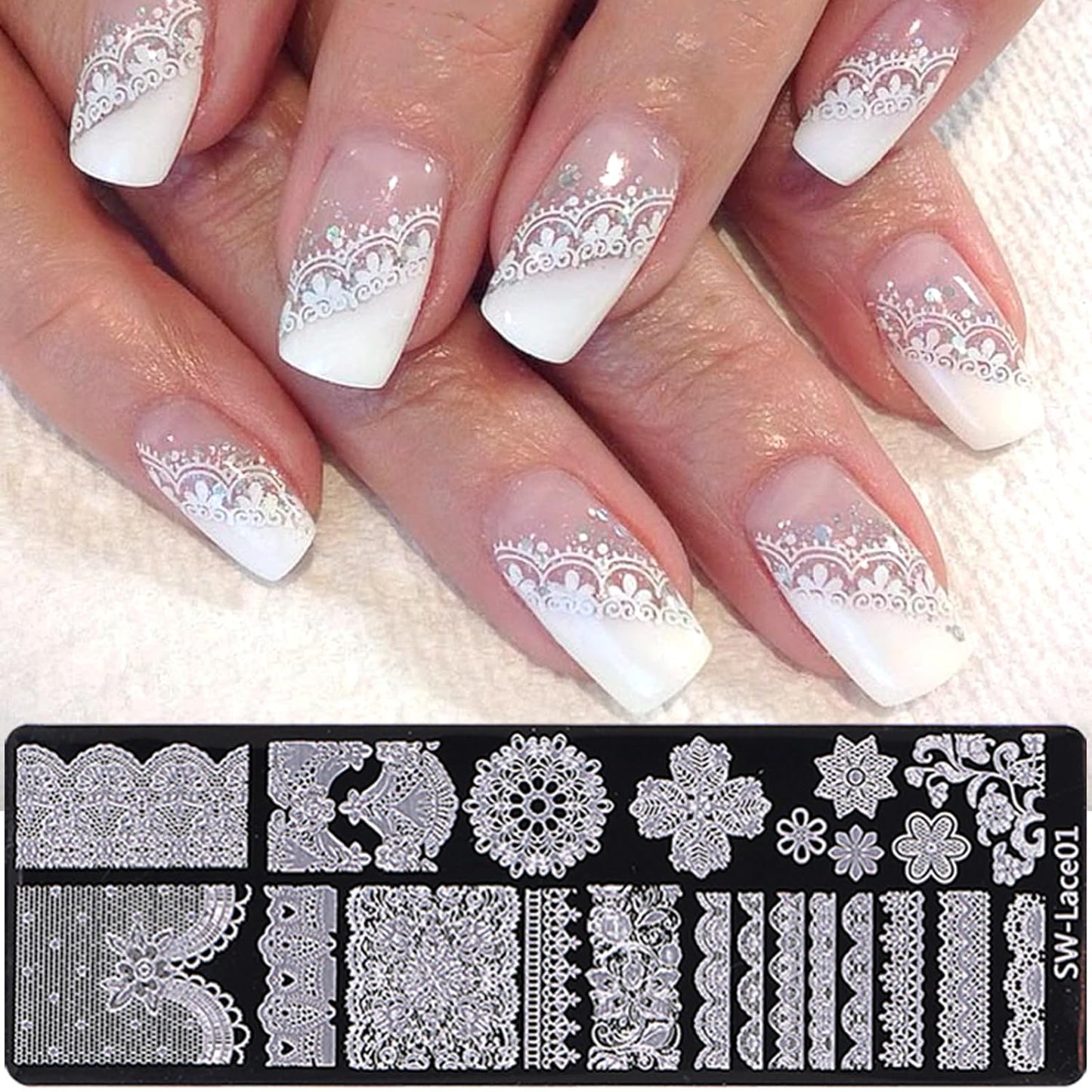 Lace Nail Stamping Plate Set - French Tip Stamp Silicone Nail Stamper Kit Bow Lace Design with Nail Stamp Plates Laser Storage Bag Nail Art Stencil Nail Supplies for Home DIY &Professional Salon-Velvo Beauty