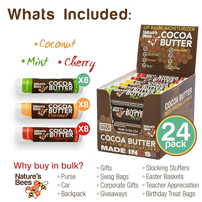 Nature's Bees - Cocoa Butter Lip Balm Moisturizer - Refresh 24 Pack, 3 Flavors - Coconut, Cherry, & Mint - Made w/Coconut Oil, Beeswax, Vitamin E, Aloe, Shea Butter - Made in the USA - 0.15oz (4.2g)-Velvo Beauty
