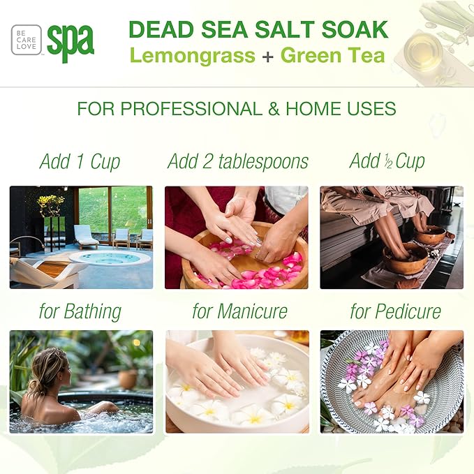 BCL SPA Dead Sea Salt Soak - Bath Salt with Organic Lemongrass + Green Tea, Shae Butter, Arnica, Aloe Vera Juice, Chamomile, Argan Oil & Jojoba Oil - Skin Exfoliator - Home/Professional Use 16 fl oz-Velvo Beauty