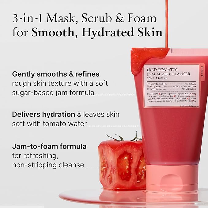 FULLY Red Tomato Jam Mask Cleanser, Gentle Exfoliation, Refines Skin Texture, Clear Pores, Hydration, Face Wash, Vegan, Rough & Sensitive Skin, Korean Skincare 4.05 fl.oz-Velvo Beauty