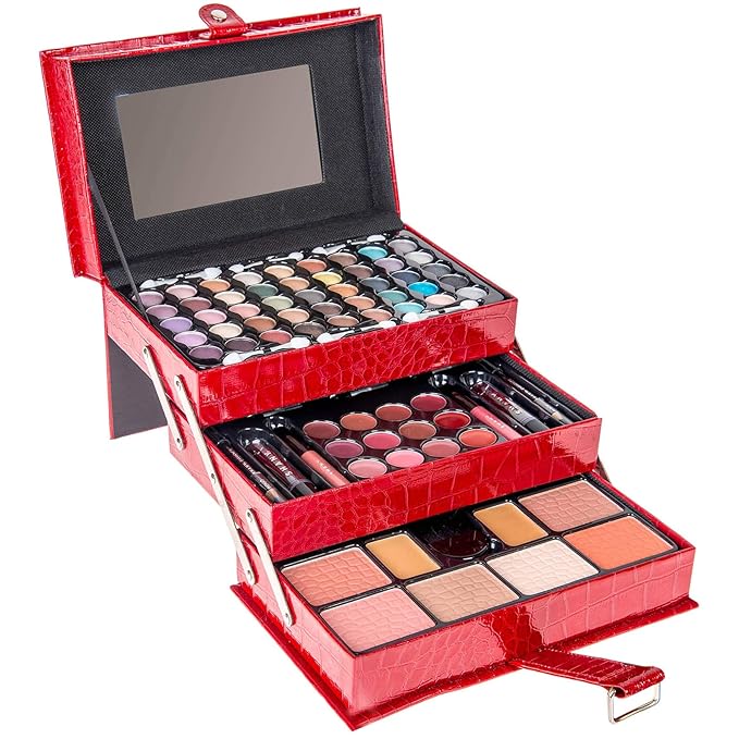 SHANY All In One Makeup Kit (Eyeshadow, Blushes, Face Powder, Lipstick, Eye liners, Makeup Pencils and Makeup Mirror - Makeup Set With Reusable Makeup Storage Box - Red-Velvo Beauty