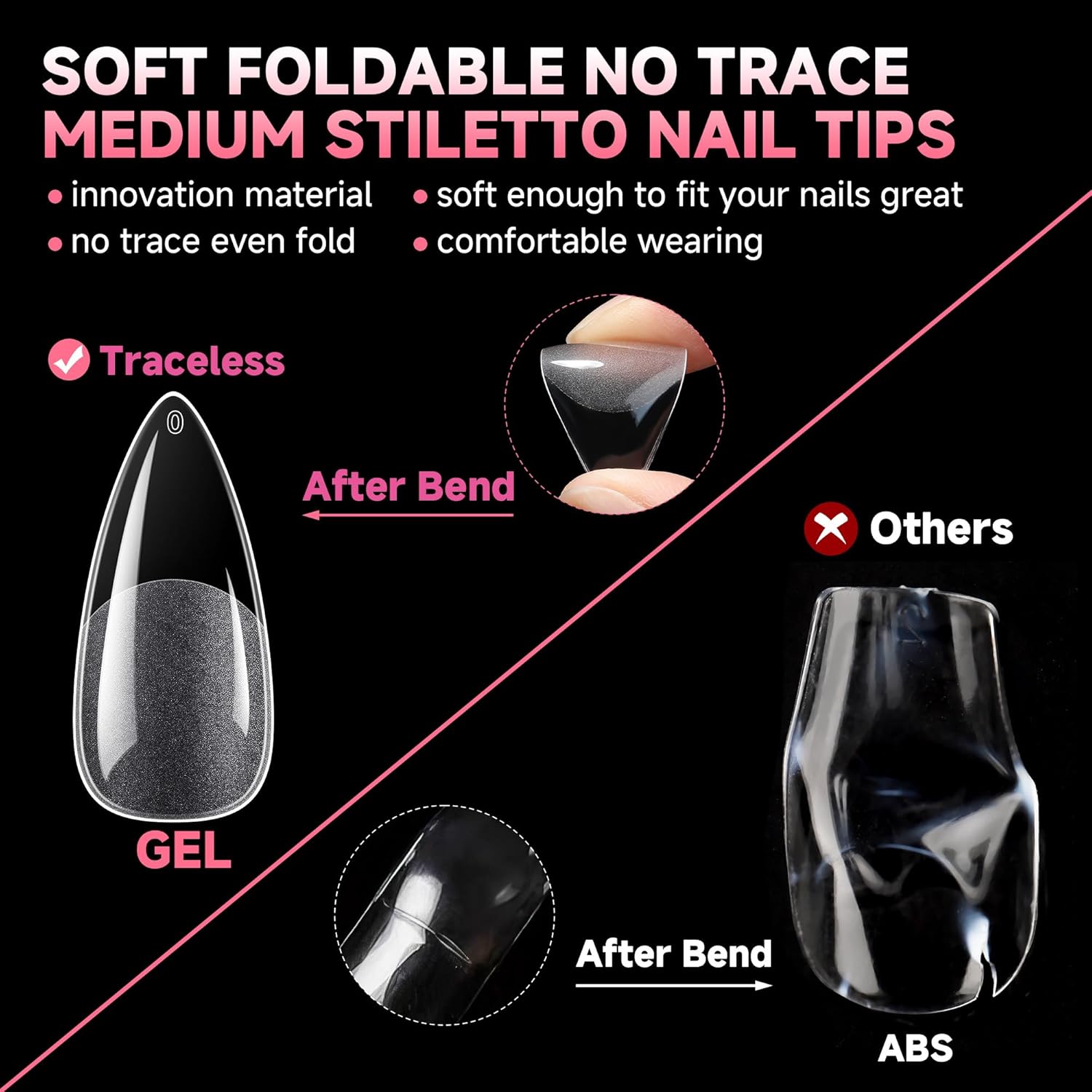 UNA GELLA Stiletto Gel Nails Press On Halloween 504Pcs Medium Almond Stiletto Clear Gel Nail Tips Full Cover Pre-matte Fake False Acrylic Nails for Nail Extensions Home Art Salon 12 Sizes-Velvo Beauty