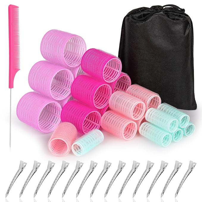 Acejoz Hair Rollers Set for Blowout Look, 38 Pcs Self Grip Hair Rollers with 4 Sizes, 12 Pcs Hair Clips, Comb, Storage Bag for Long, Medium, Short, Thick Hair Volume (Multicolor)-Velvo Beauty