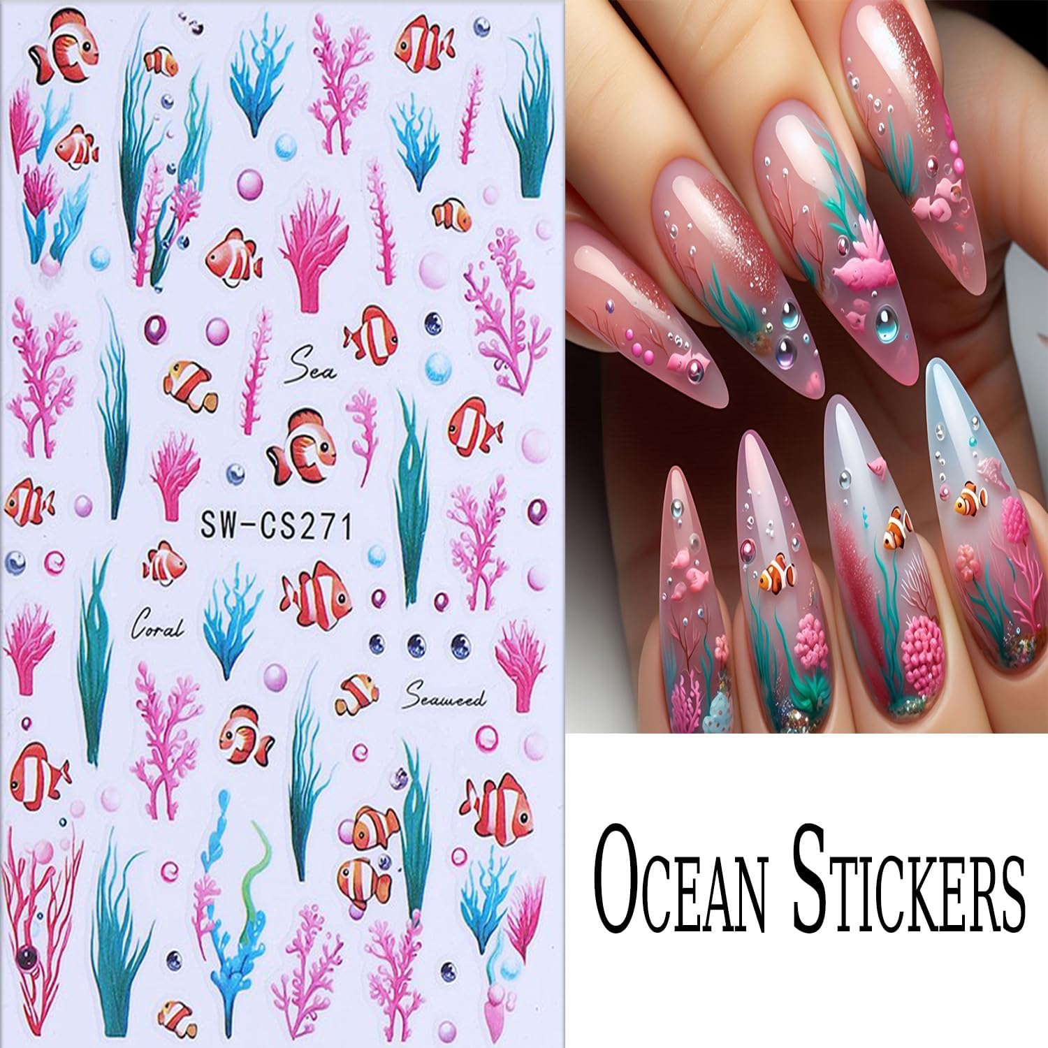 6 Sheets Ocean Plant Nail Art Stickers 3D Self -Adhesive Colorful Seaweed Shell Nail Decals Holographic Cute Fish Starfish Bubbles Nail Stickers Summer Nail Decoration for Women Manicure Supplies-Velvo Beauty