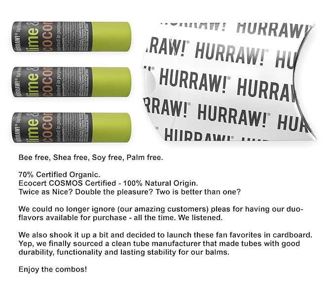 Hurraw! Lime & Coconut Lip Balm, 3 Pack: Plastic-Free with new cardboard push-up tube. Certified Organic, All Natural Origin, Vegan & Cruelty Free. Gluten Free. Bee, Shea, Soy & Palm Free. Made in USA-Velvo Beauty
