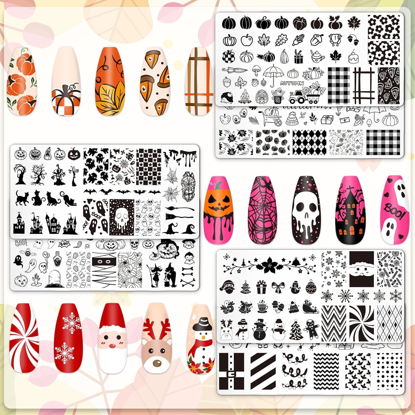 Whaline 6Pcs Fall Halloween Christmas Nail Plates Stamping Set Pumpkin Ghost Snowman Stamp Templates Nail Art Plates for DIY Print Manicure Salon Design-Velvo Beauty