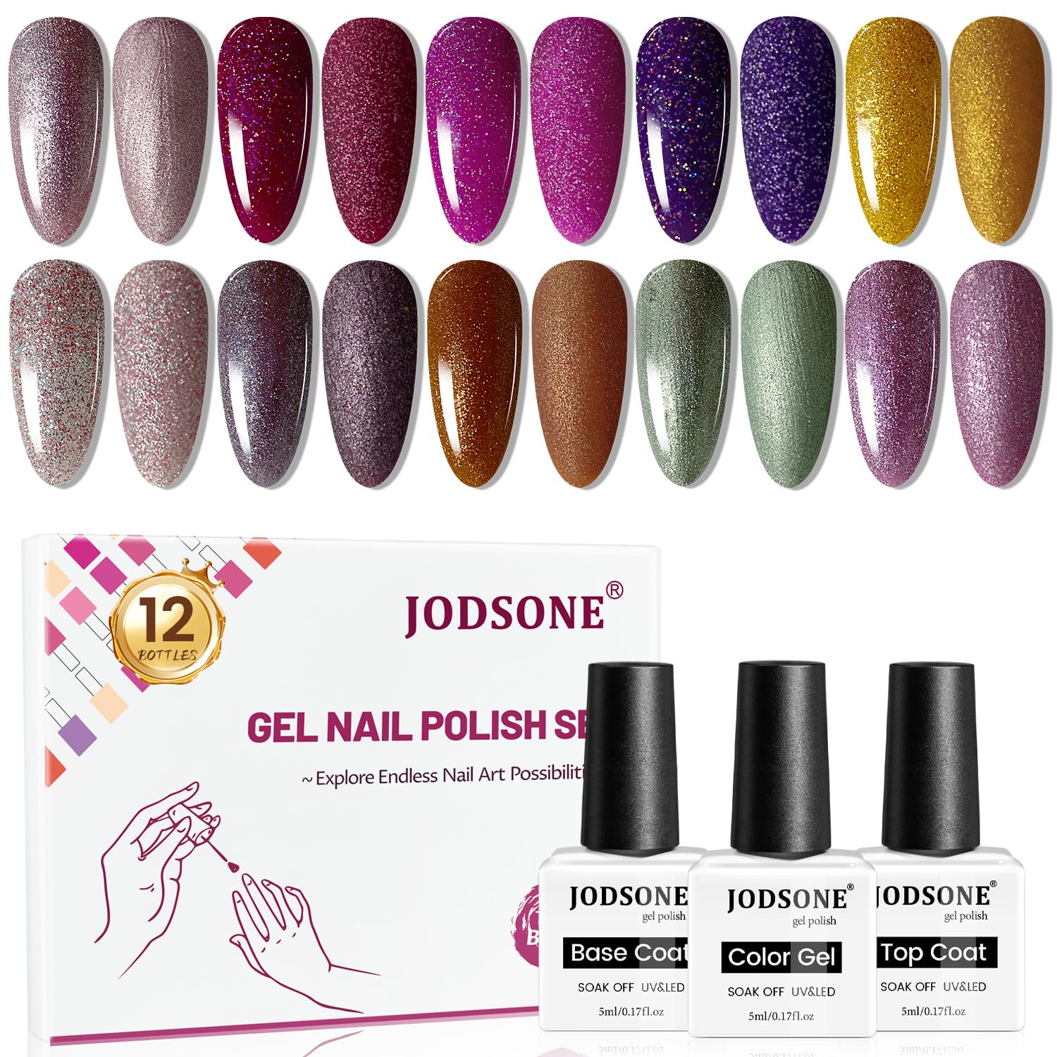 JODSONE 12 Bottles Gel Nail Polish Set with Base Coat and Top Coat Great Holiday Gift for Ladies and Girls-Velvo Beauty