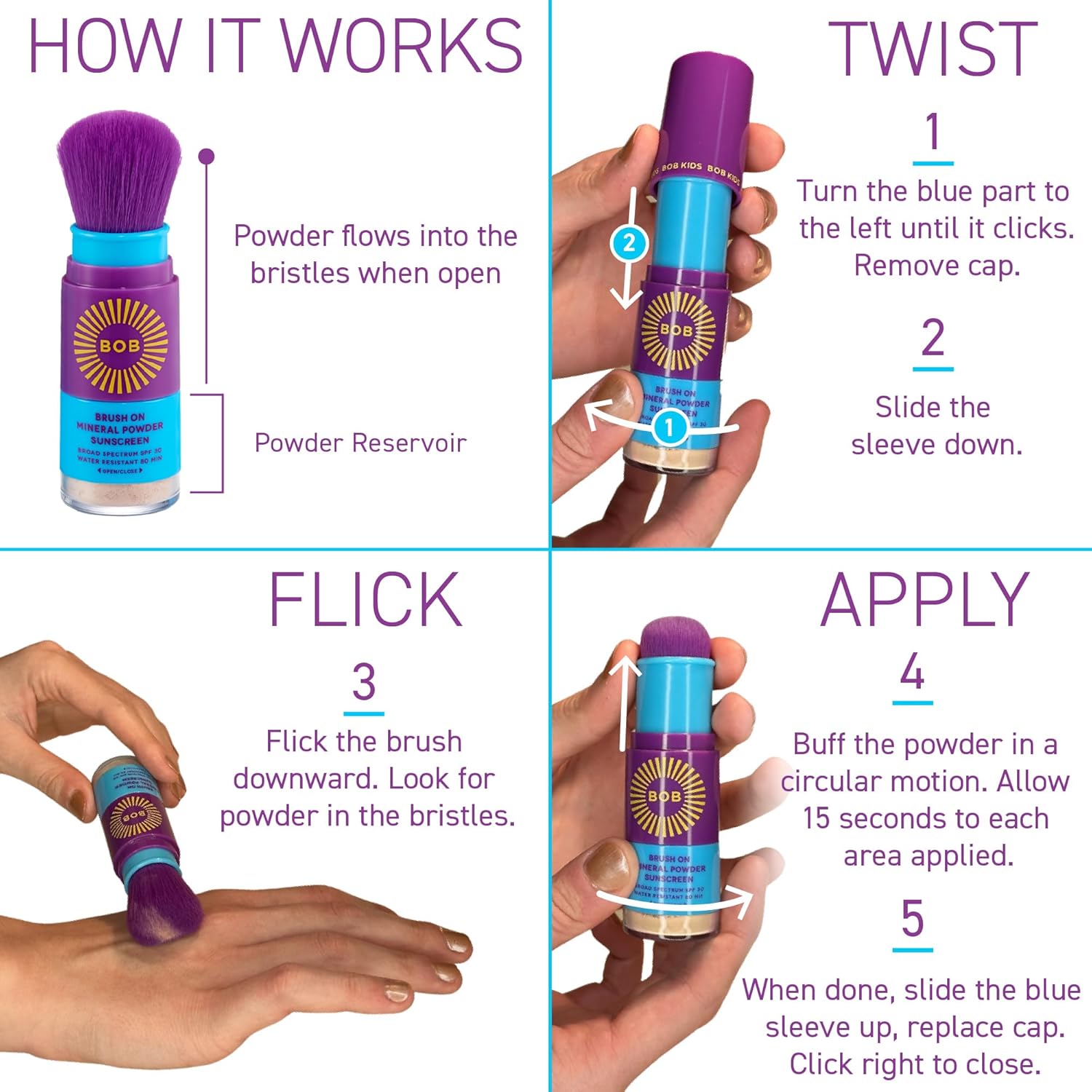 BOB KIDS SPF 30 Brush On Mineral Powder Sunscreen, Broad Spectrum Protection, Water Resistant 80 Mins, Fragrance Free, Easy to Apply for Kids & Babies, Mfg in USA, 2-Pack-Velvo Beauty