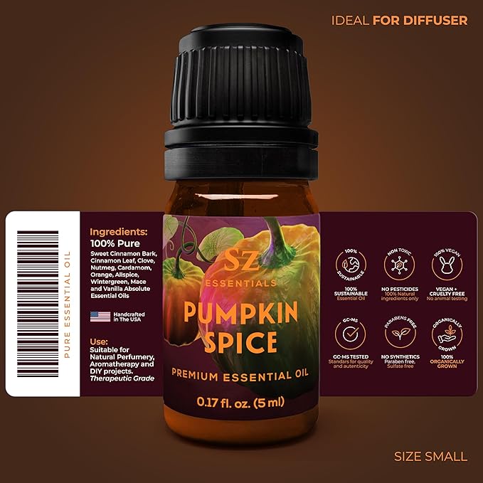 Pumpkin Spice Essential Oil Blend for Diffuser and Humidifier - 100% Pure and Natural - Rich Pumpkin Spice Scent, with Fruity and Spicy Overtones - Vegan - 0.17 floz (5 mL)-Velvo Beauty